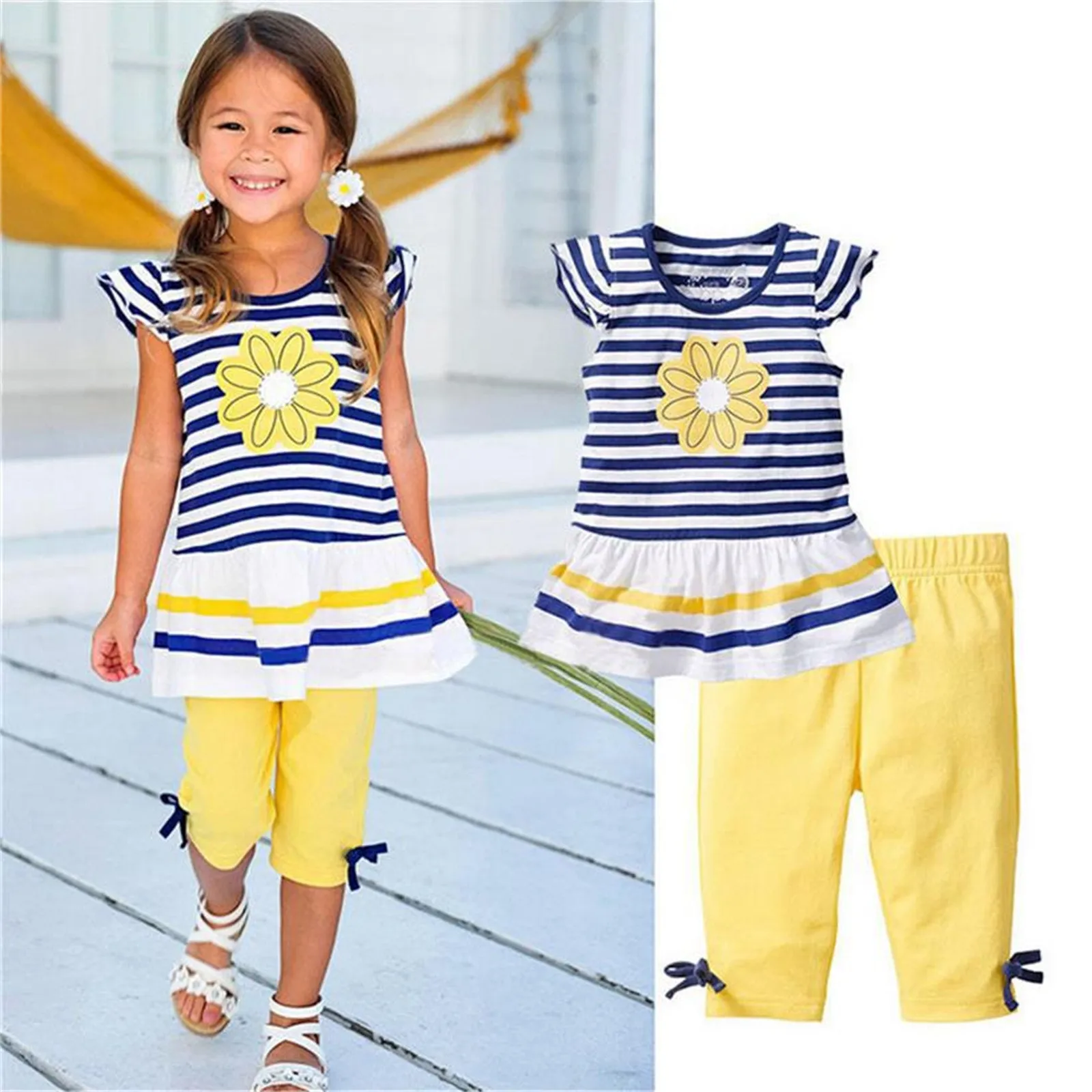 

2Pcs Clothes Set 1-8Y Toddler Kids Girls Summer Clothing Sunflower Daisy Striped T Shirt Tops+Pants Leggings Infant Outfits Sets