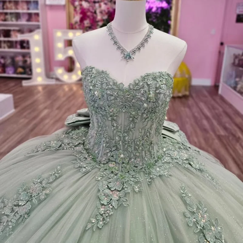 

Customized Shiny Mint Green Quinceanera Dresses Off the Shoulder sequin applique Long tail Bow Vestido 15 Quinceanera