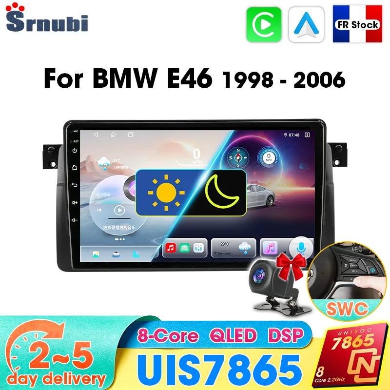 Srnubi 2 Din Carplay Android Auto pour BMW E46 1998-2006 Autoradio Lecteur multimédia Navigation GPS UIS7865 8 cœurs 5 GHz WIFI DSP Audio Écran QLED Bluetooth 5.4 RDS Caméra de recul Plug and Play