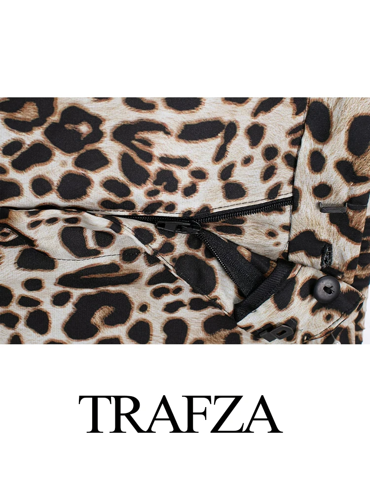 TRAFZA 2024 Women Leopard Print Shirt Pant Set Vintage Lace Up Long Sleeves Shirts Top+High Waist Baggy Pants Suits traf