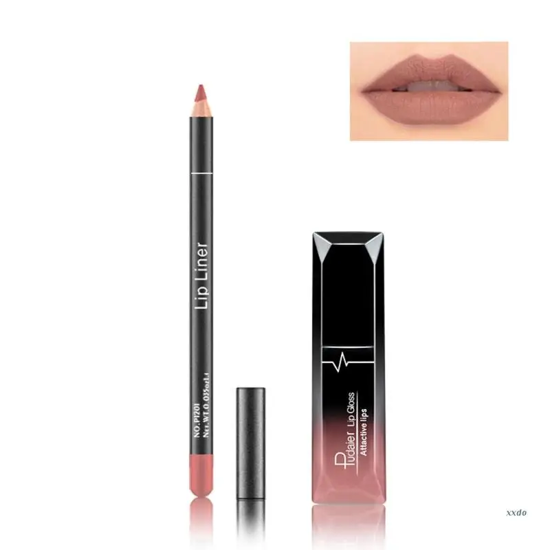 Lip Liner and Lipstick Set Matte Lipstick + Matching Lip Liner Pen Long Lasting Velvety Nude Lip Stain Wear