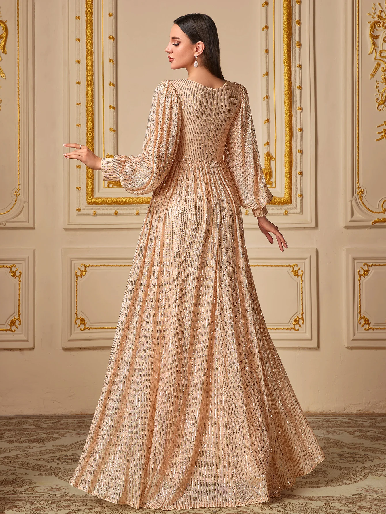 UNITHORSE Women's V-Neck Long Sleeve Sparkling Sequin Fish Tail Evening Party Dress One Piece Gown