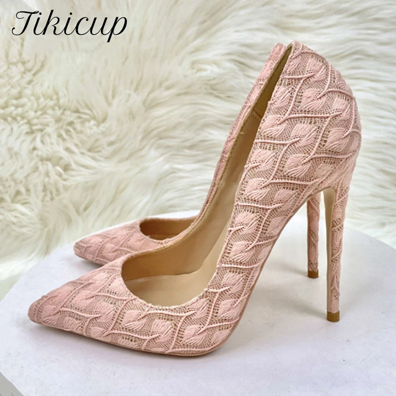 Tikicup Elegant Women Pink Lace Fabric Pointy Toe High Heel Wedding Bridemaids Shoes Comfortable 8cm 10cm 12cm Stiletto Pumps