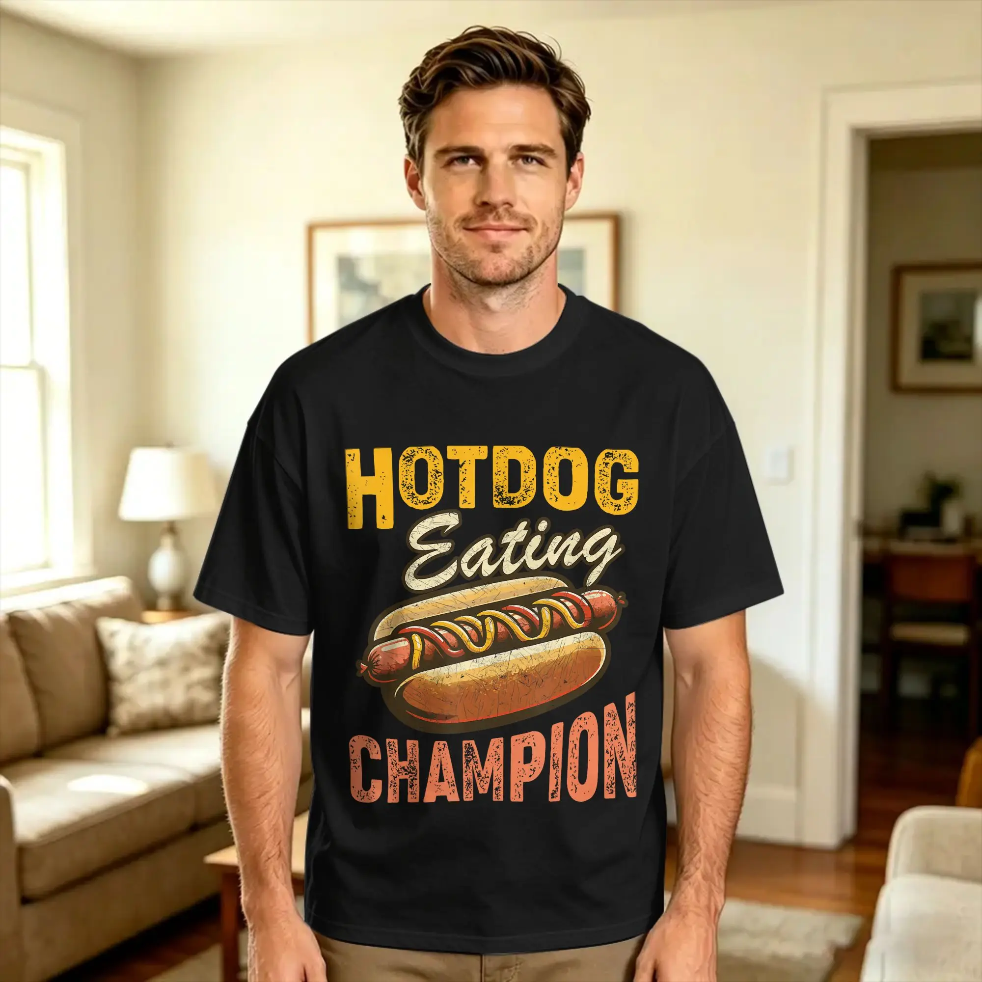 Men Funny Hotdog Eating Champion Estate Fair Retro Food Contest T Shirts  Cotton Tops Summer Classic Short-Sleeve T-Shirt O-Neck