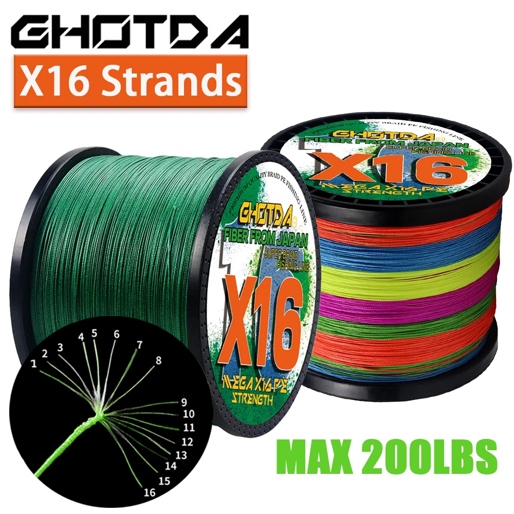 GHOTDA Braided Fishing Line X16 Strands 100m 300m 500m Multicolor Super Strong Multifilament PE Braid Wire 25LB-200LB Saltwater