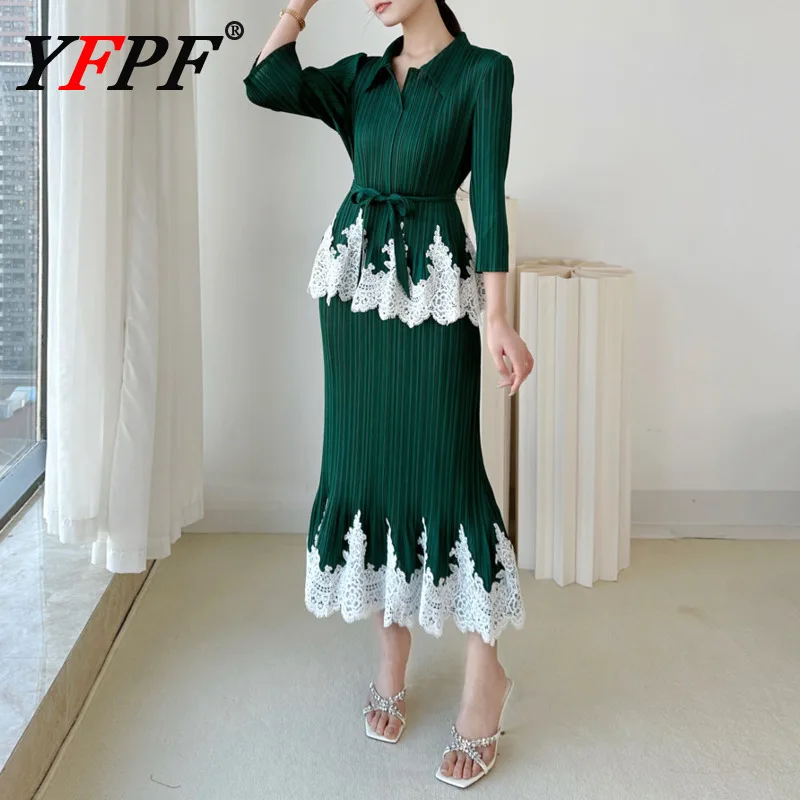 

Платье YFPF с кружевными вставками и плиссировкой для женщин, с отложным воротником, на шнуровке, контрастных цветов, длинное, модное, новинка 2026 года