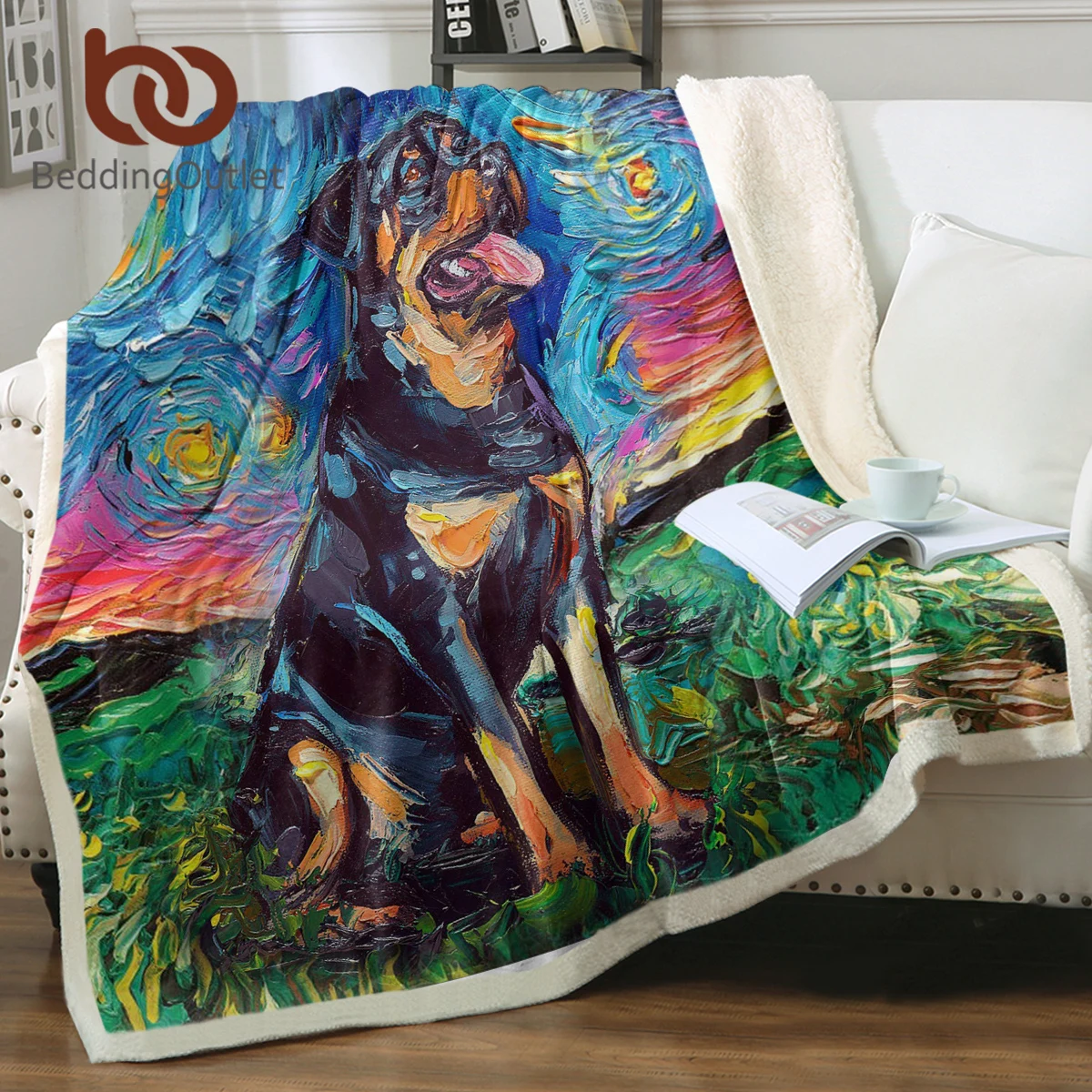 

BeddingOutlet Kawaii Colorful Star Rottweiler Sherpa Fleece Blanket Microfiber Super Soft Warm Blanket Adults Kids Bedroom Decor