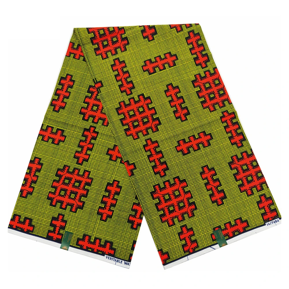 

115 см широкая пряжа 24*24 Красный Крест напечатанный на желтом африканском воском Батик Хлопчатобумажная Ткань летняя весенняя одежда шторы материал R778