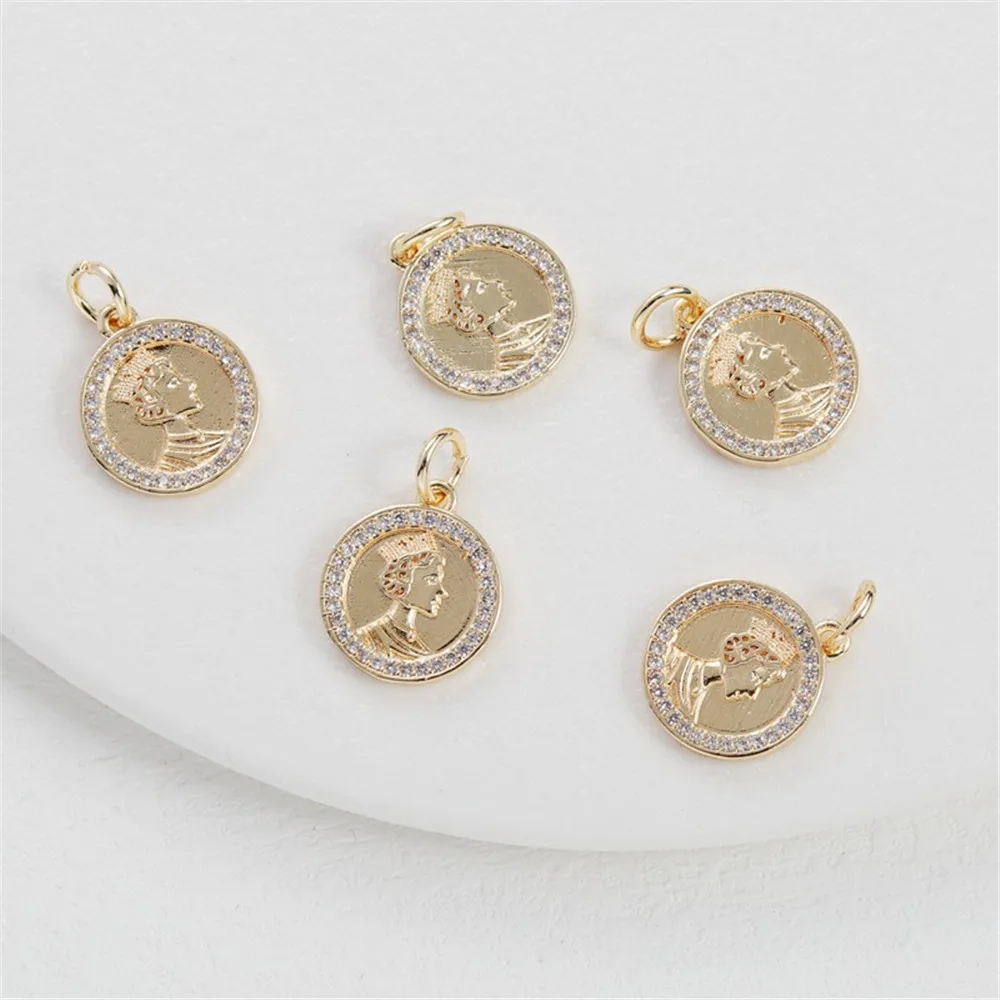 

1PCS 14k Copper Gold Color Preservation Zircon Queen Portrait Coin 14mm Round Pendant Diy Bracelet Necklace Earrings Charm Tag