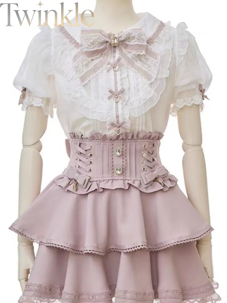 Japanese Sweet Lolita Jumper Skirt Women Kawaii Corset Waist Slimming Pinafore Dress 2619 New Cute Bow Vestidos S-5XL