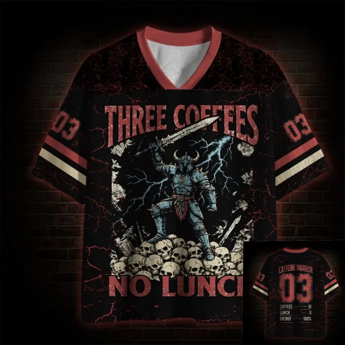 2026 Hot Selling Halloween Retro Gothic Dark Unisex Jersey, Retro Knight Skull Coffee Pattern, Loose Casual Street Wear