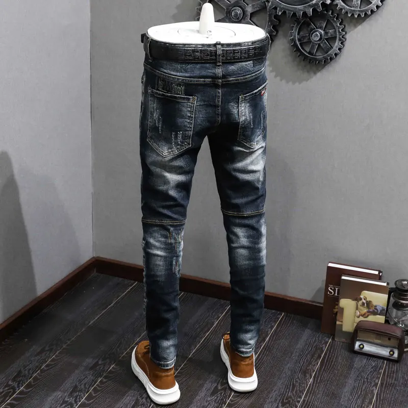 Street Designer Fashion Men Jeans Retro Dark Blue Stretch Slim Fit Ripped Jeans Men Embroidery Vintage Y2K Denim Pants Hombre