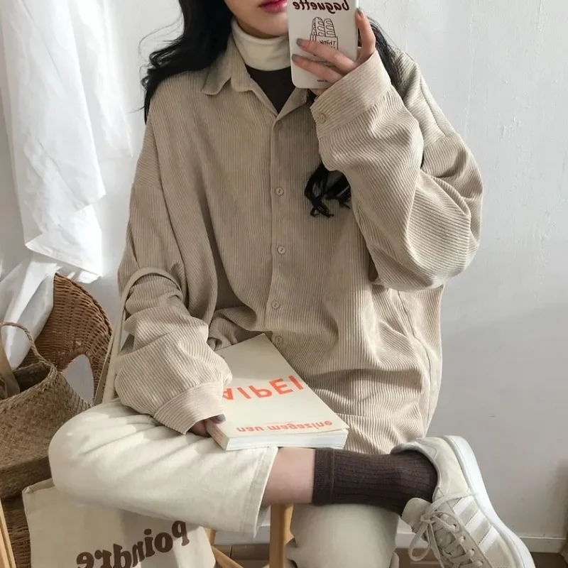 Shirts Women Solid Unisex BF Style Autumn Clothes Tops Leisure Popular Blusas Ulzzang Japanese Fashion Corduroy Baggy All-match