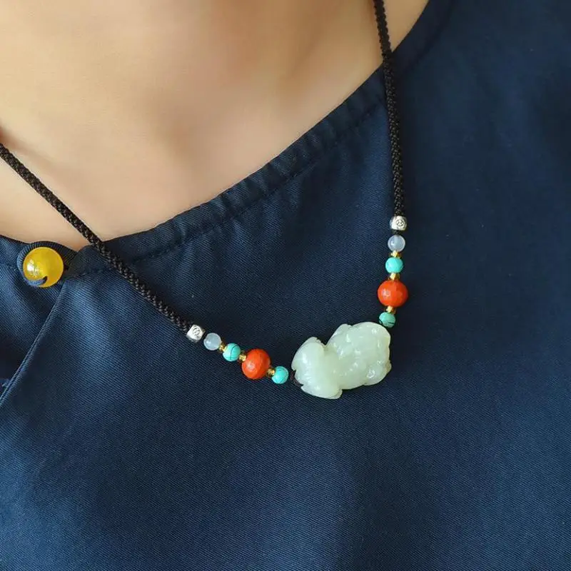 Natural Nephrite White Jade Pixiu Pendant Necklace Men Women Genuine Hetian Jade Fengshui Pi Xiu Charm Clavicle Chain Necklaces