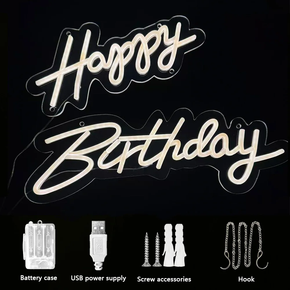 Akrylowy neonowy szyld LED z napisem Happy Birthday, zasilany przez USB/baterie, ciepła neonowa lampa, dekoracja ścienna na przyjęcie urodzinowe, prezent, rekwizyt do zdjęć.