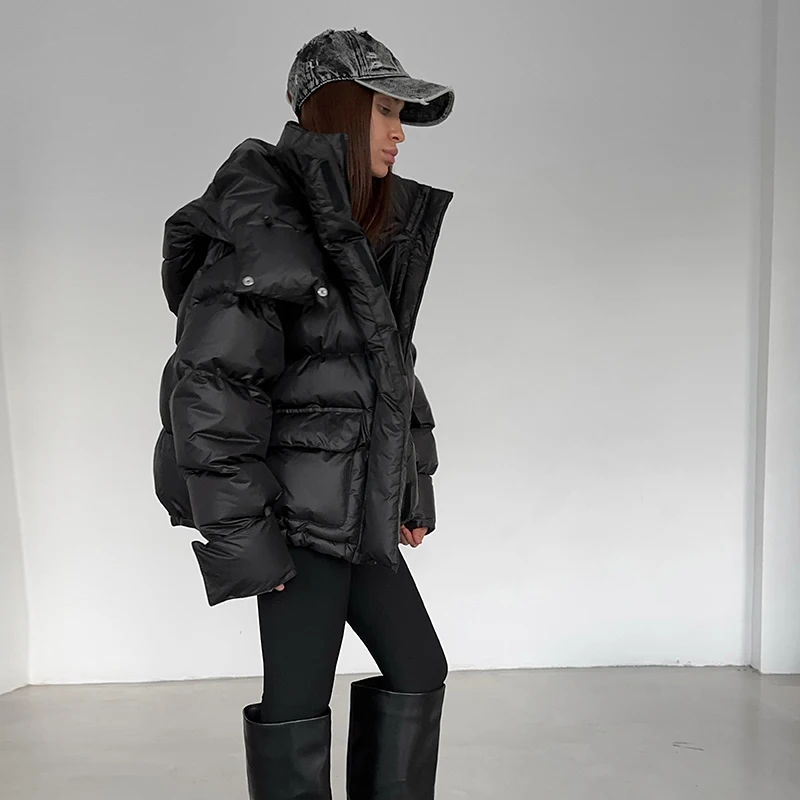 Kapuzenjacke mit Großen Taschen, Übergroße Gefütterte Jacken für Damen, Street-Style, Stehkragen, Lange Ärmel, Reißverschluss, Einfarbig, Lose Pufferjacken, Neue Oberbekleidung – Detail 25