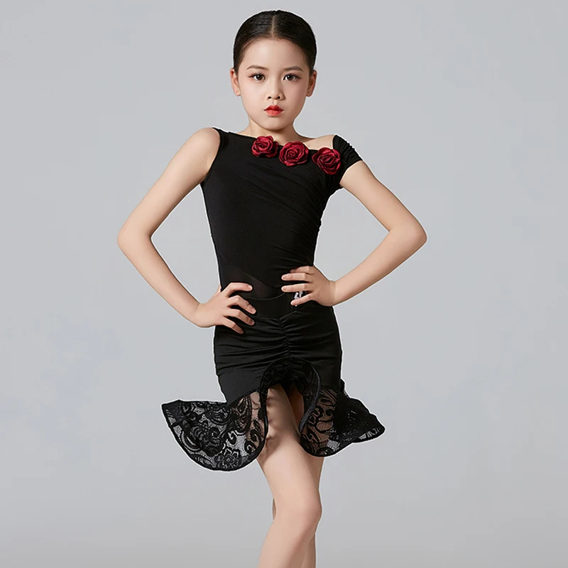 Vêtements de danse latine pour filles, robe de samba pour enfants, costume de performance, noir, été, XS8066