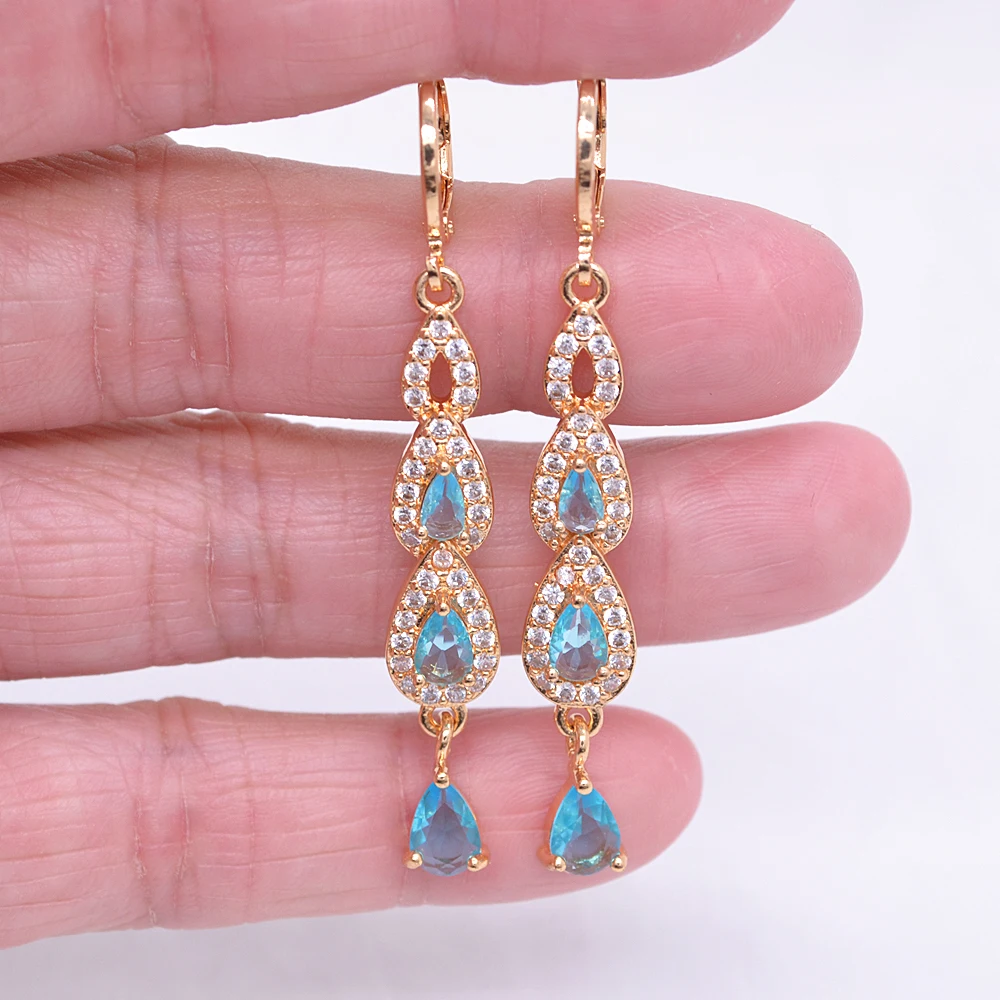 Fashion Gold Color Women Green Cubic Zirconia CZ Long Water Drop Dangle Earrings Jewelry