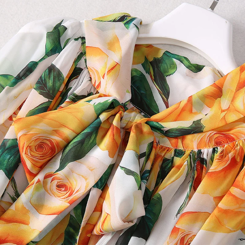 Women Elegant Yellow Rose Print Long Party Capes Fashion Scarf Bow Cloak New Shawl Coat Collection 2024 Trendy Wrap Cover-up