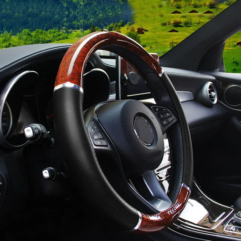 Pokrowiec na kierownicę z drewna do tuningu samochodów SUV Lux Grip PU Leather Uniwersalne części do wnętrz w stylu vintage Akcesoria samochodowe — zdjęcie 4