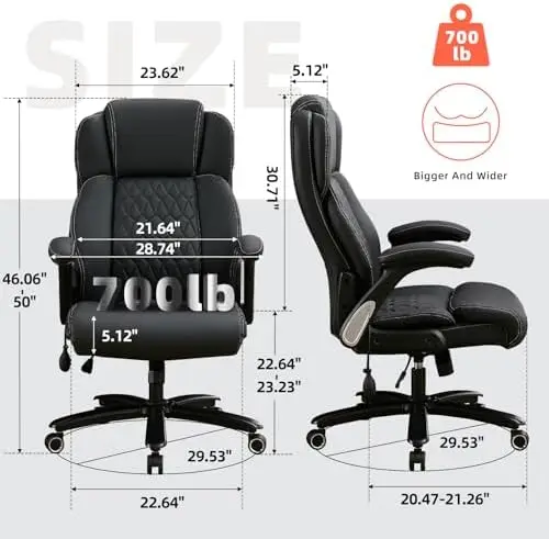 700lbs Big and Tall Office Chair - Heavy Duty Executive Desk Chair with Inflatable Lumbar Support, Extra Wide Padded