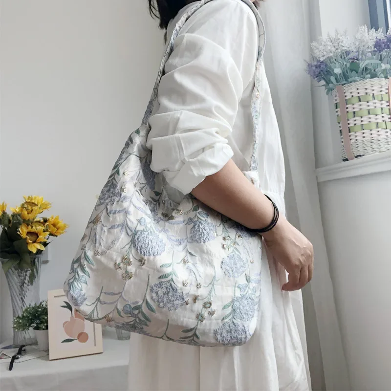 Vintage Purple Flower Women Shoulder Bag Jacquard Fabric Ladies Underarm Messenger Bags Female Girls Small Tote Purse Handbags