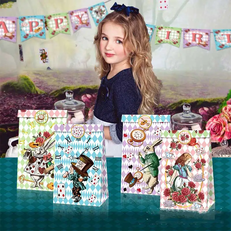 Cartoon Alice in Wonderland Gift Bag Birthday Party Supplies Paper Candy Cookies Box Surprised Baby Shower Decor