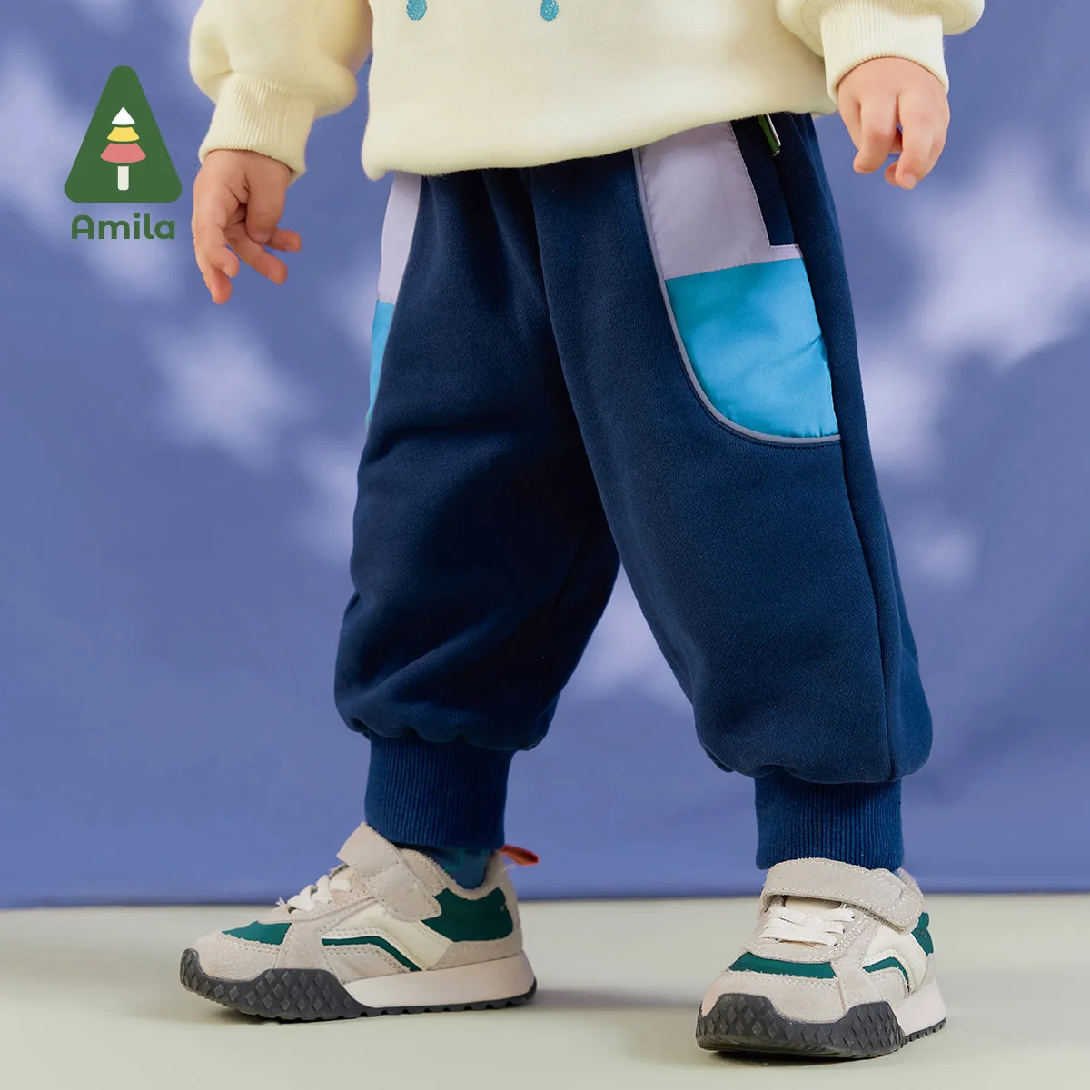 Amila Baby Boy Casual Pants 2024 Winter New Multicolour Fleecing Color Blocking Loose Warm   Baby Clothing