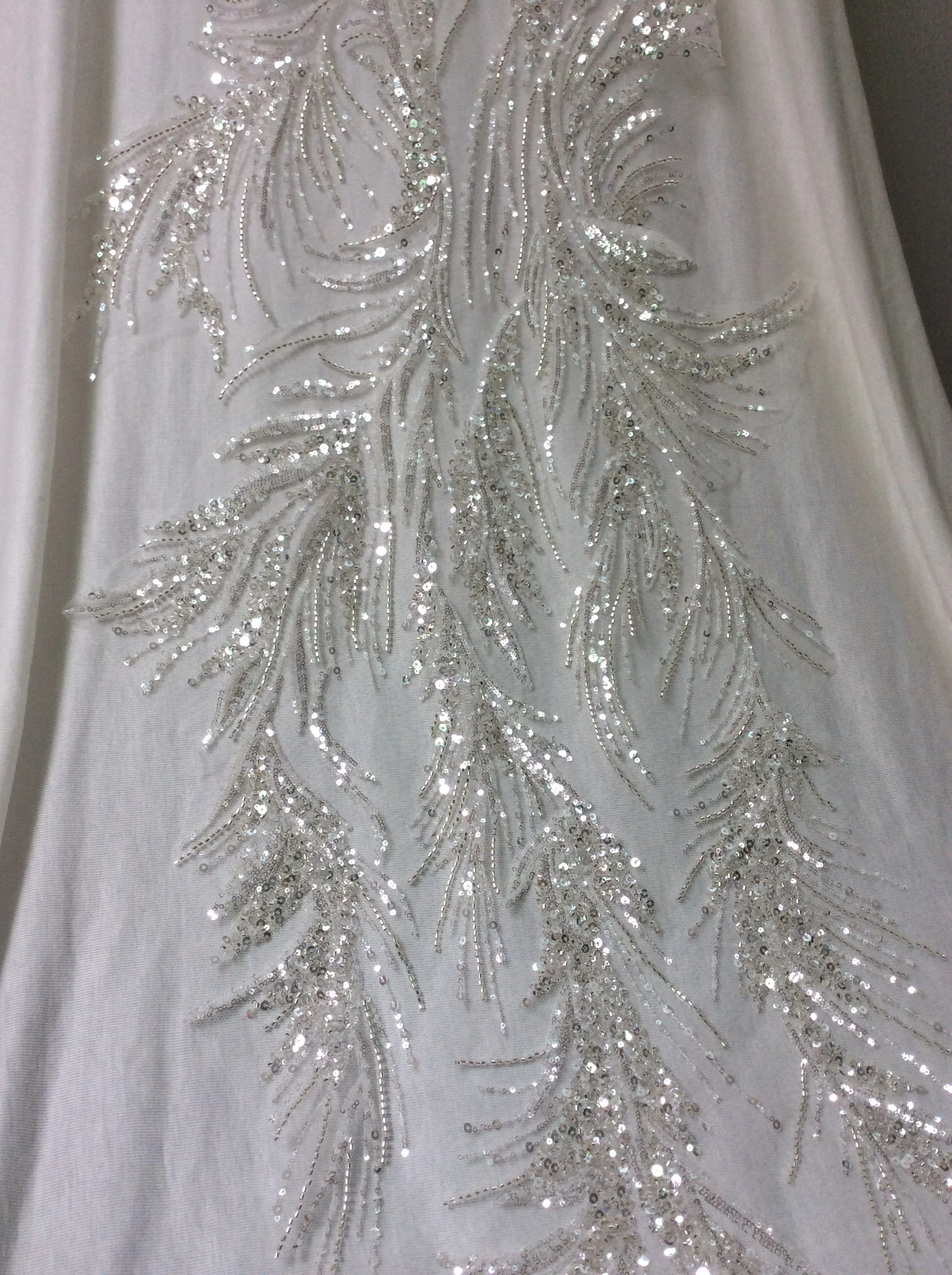 30x130cm Long Lace Patches Wedding Dress Decor Silvery Sequins Dress Applique