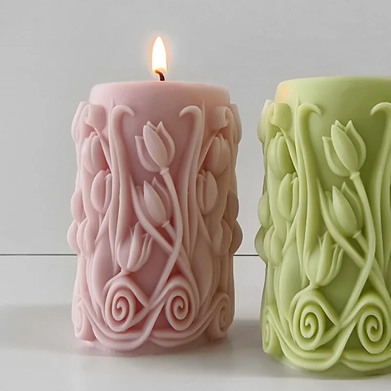 3D Flowers Relief Cylindrical Candle Silicone Mold DIY Creative Cylinder Aromatherapy Soap Epoxy Resin Casting Mold Wedding Gift