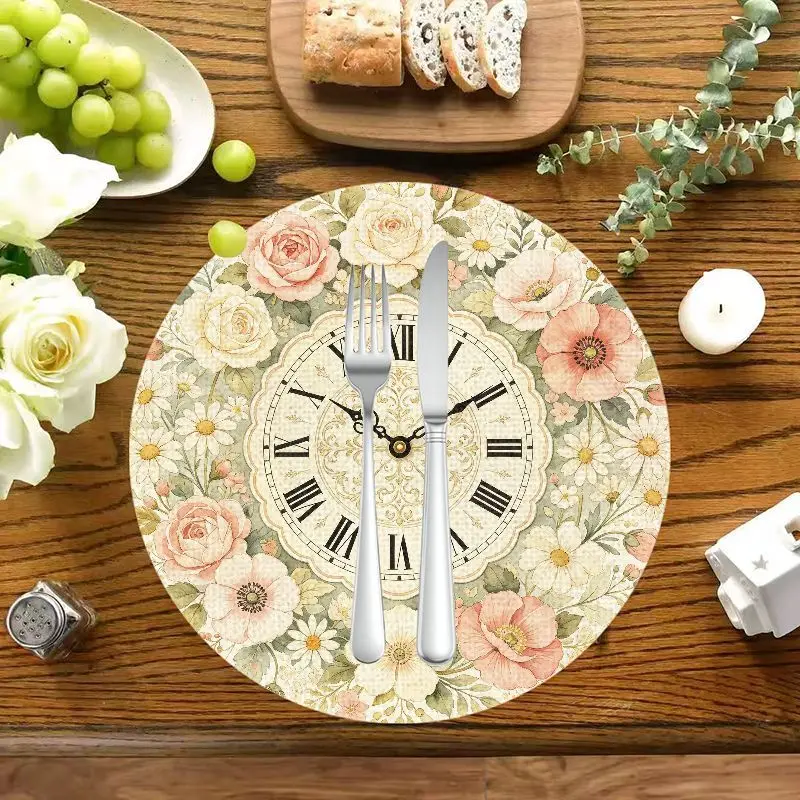 Vintage Roman Clock Pink Rose Floral Antique Round Placemats Heat Resistant Washable Non Slip Elegant Kitchen Dining Decor