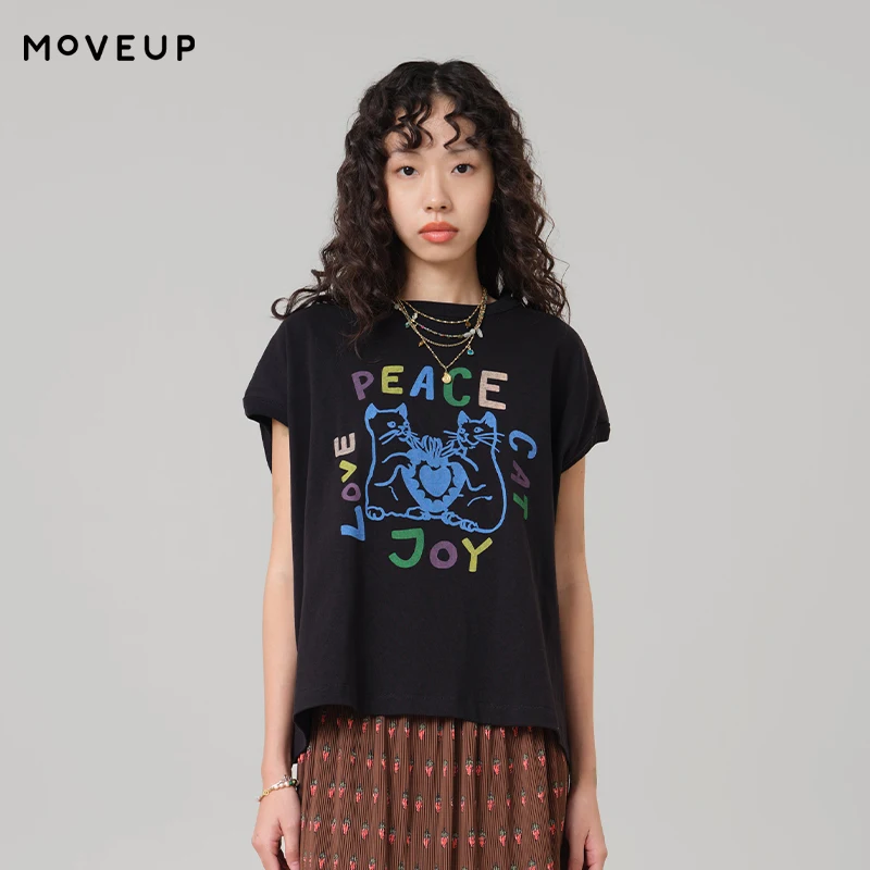 

MOVEUP Loose Short Sleeved Round Neck T-Shirt 2026 Summer New Contrasting Letter Cat Print Commuting Top For Women 3ELX10593
