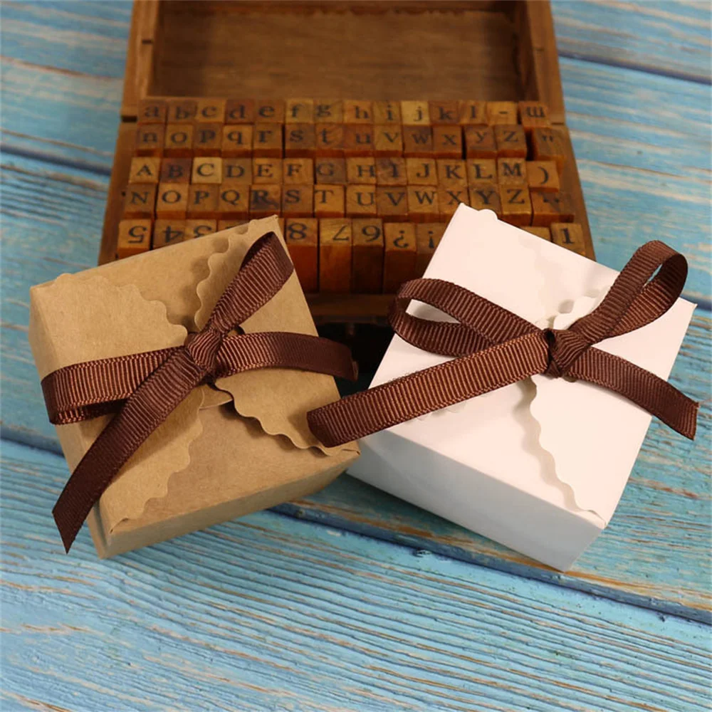 10/20/30Pcs Wave Kraft Paper Box with ribbons and tags For Wedding Baby Shower Candy Box Gift Birthday Party Supplies