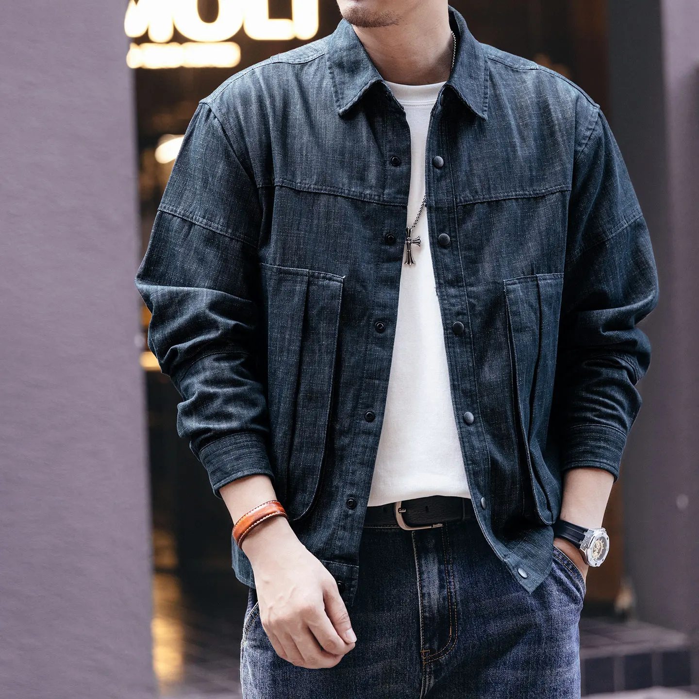 Men's Spring and Autumn's new high-end trendy brand denim jacket, loose washable jacket shirt