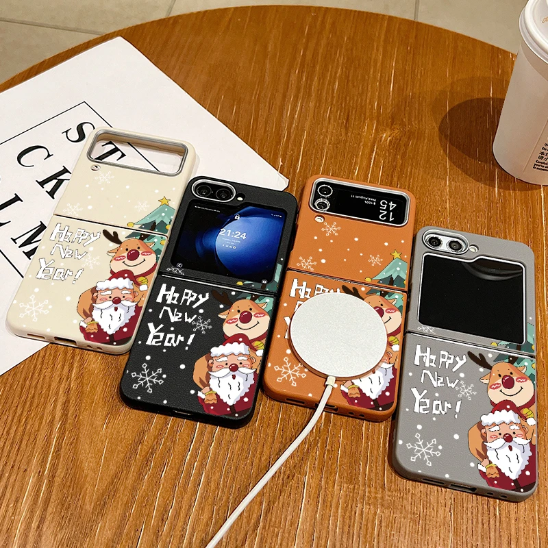 Happy New Year Christmas Case For Samsung Galaxy Z Flip 6 5 4 3 Magnetic Silicone Folding Cover For Samsung Z Flip6 Flip5 Flip4