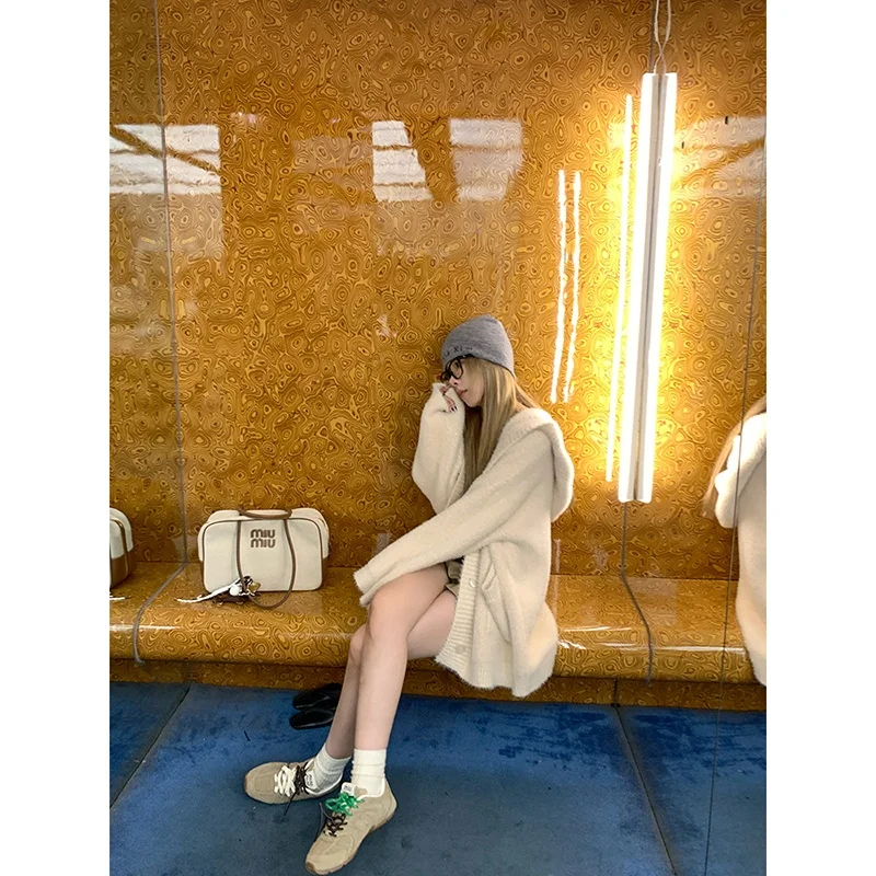 

Женский утепленный длинный вязаный кардиган Lin Chu из мягкого вельвета под норку, осенне-зимний, свободного кроя, комфортный, теплый свитер-жакет