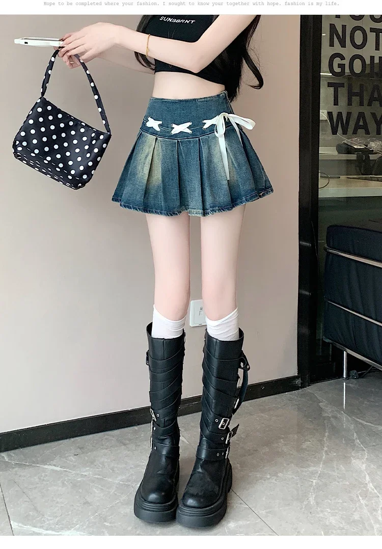 

Women Blue Lace Cute Vintage Denim Skirt Y2K Harajuku High Street Fashion Sexy Academy Retro Pleated Mini Skirts Female Faldas