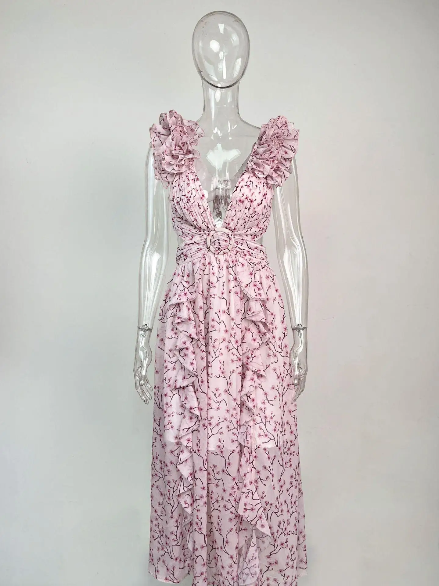 New Fashion Sleeveless Hollowed Out Slim Fit V-neck Ruffle Trimmed Floral Backless Dress For Women,3 Colors