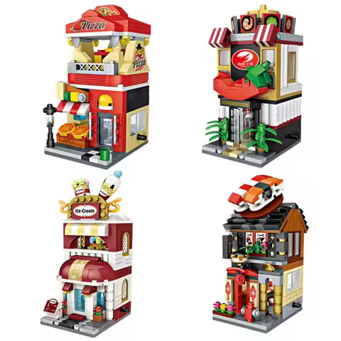 Idea Mini Block City Street View Pizza Sushi Bar Ice Cream Hot Pot Shop Pizzeria Building Brick Assembly Toys For Kids Gift