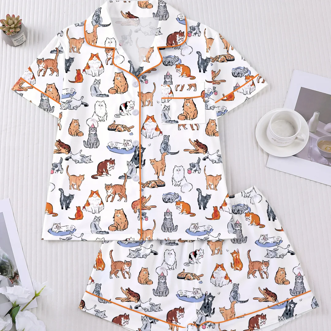 

Милый женский пижамный комплект с принтом котят: домашняя одежда, рубашка с отложным воротником и шорты, ночная рубашка, подарки на День святого Валентина