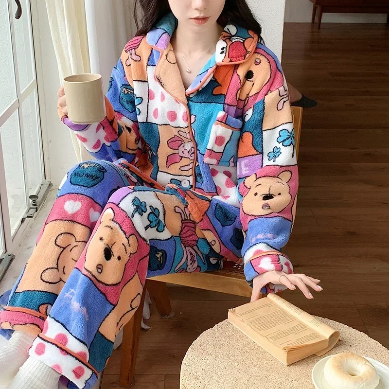 Disney Winnie the Pooh Winter Fleece Verdickt Zwei-stück Set Cartoon Flanell Warme frauen Pyjamas Homewear Zwei-stück Set