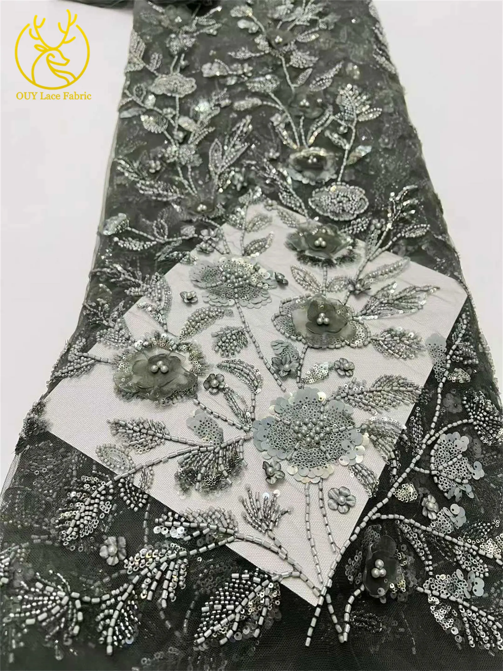 Afrikanischer 3D-Blumen-Handperlen-Spitzenstoff 2026 Hochwertiger Französischer Stil Nigerianischer Pailletten-Spitzenstoff Ideal für Partykleider – Detail 17