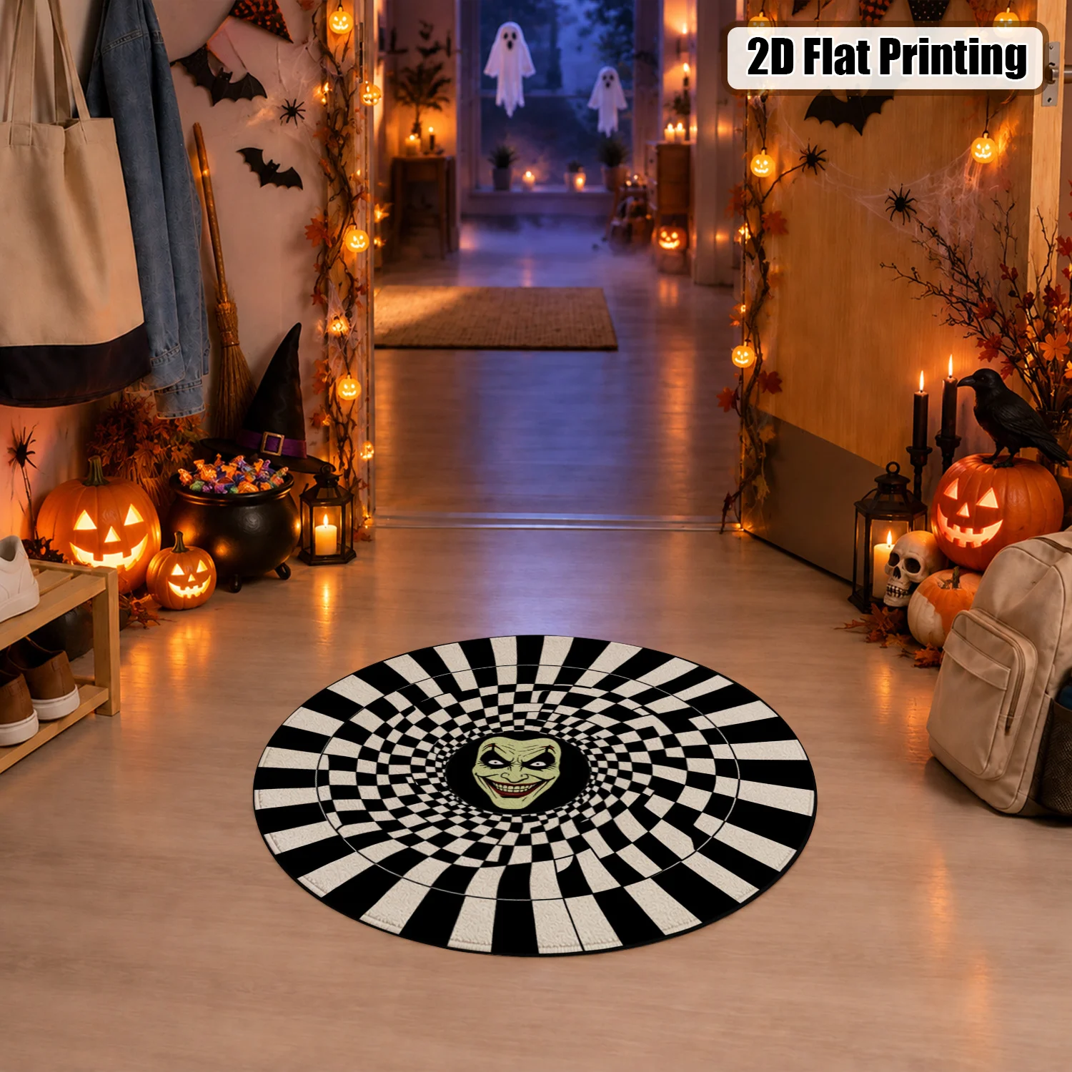 Joker Face Spiral Checkered Round Velvet Rug Machine Washable for Living Room Bedroom Entryway Halloween Thanksgiving Black Friday Christmas New Year