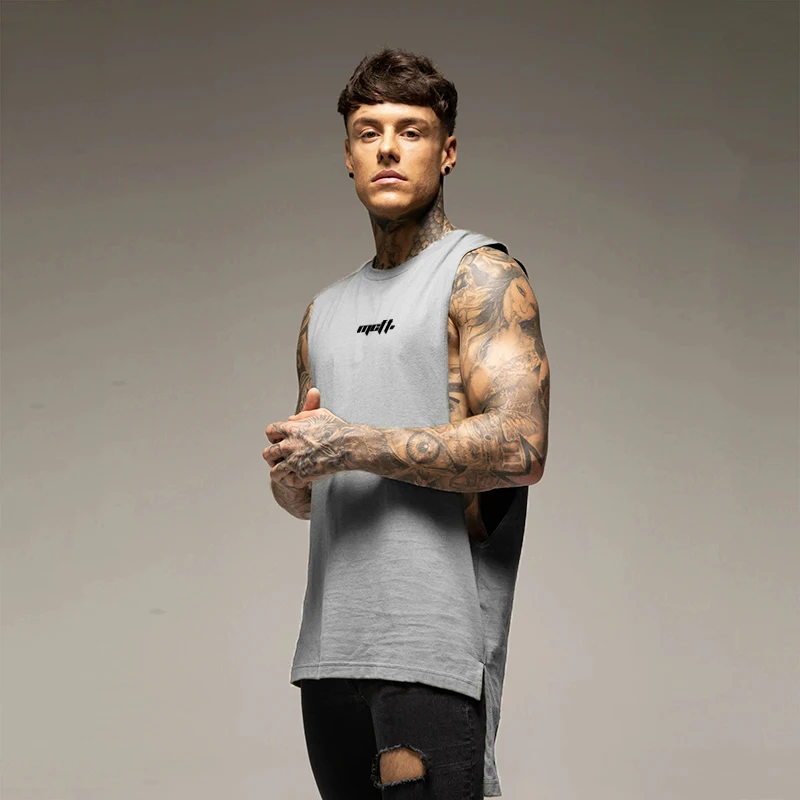 Mens Sport Extend Cut Off Sleeveless T-shirts Cotton Breathable Gym Bodybuilding Vests Fashion Hip-Hop Fitness Muscle Tank Tops