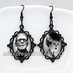 New Frankenstein and His Bride Dangle Earring Black Lace Earrings Oval Glass Photo Jewelry Gifts Party