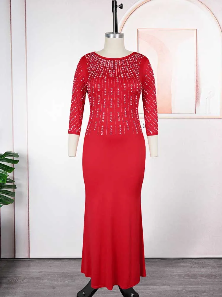 Vestidos de talla grande para mujer elegante fiesta Color sólido diamante vestidos de noche largos Maxi vestido de manga larga venta al por mayor Dropshipping