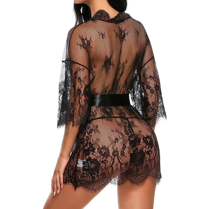 Erotic Transparent V-Neck Nightwear Women Lingerie Babydoll G-string Costume Kimono Robe Lace Sleepwear Sexy Dress