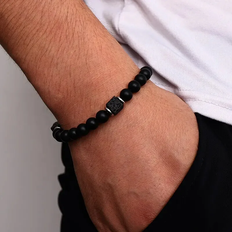 Retro Men's Natural Stone Bracelet Obsidian Volcanic Stone Stretch Beaded Bracelet Women's Casual Sports Accessory Bracelet image 3