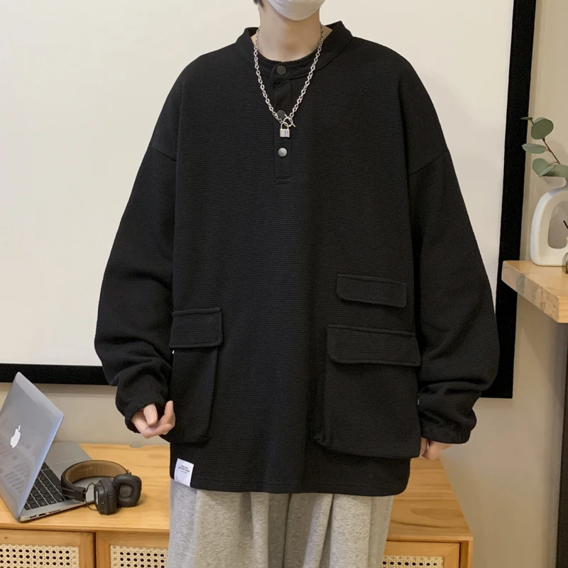 Spring Fall Solid Men Henry Collar Long Sleeve Sweatshirt Pocket Student Korean Fashion Harajuku Casual Oversized Clothing Black