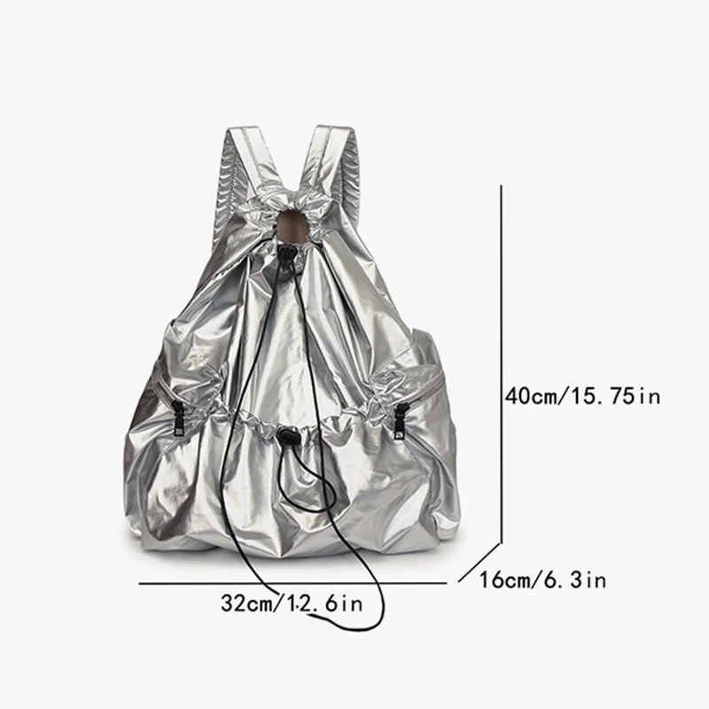 Korean Style Large Capacity Silver Backpack Lightweight Girls Class Drawstring Pleated Ladies Travel Backpack Foldable Backpacks